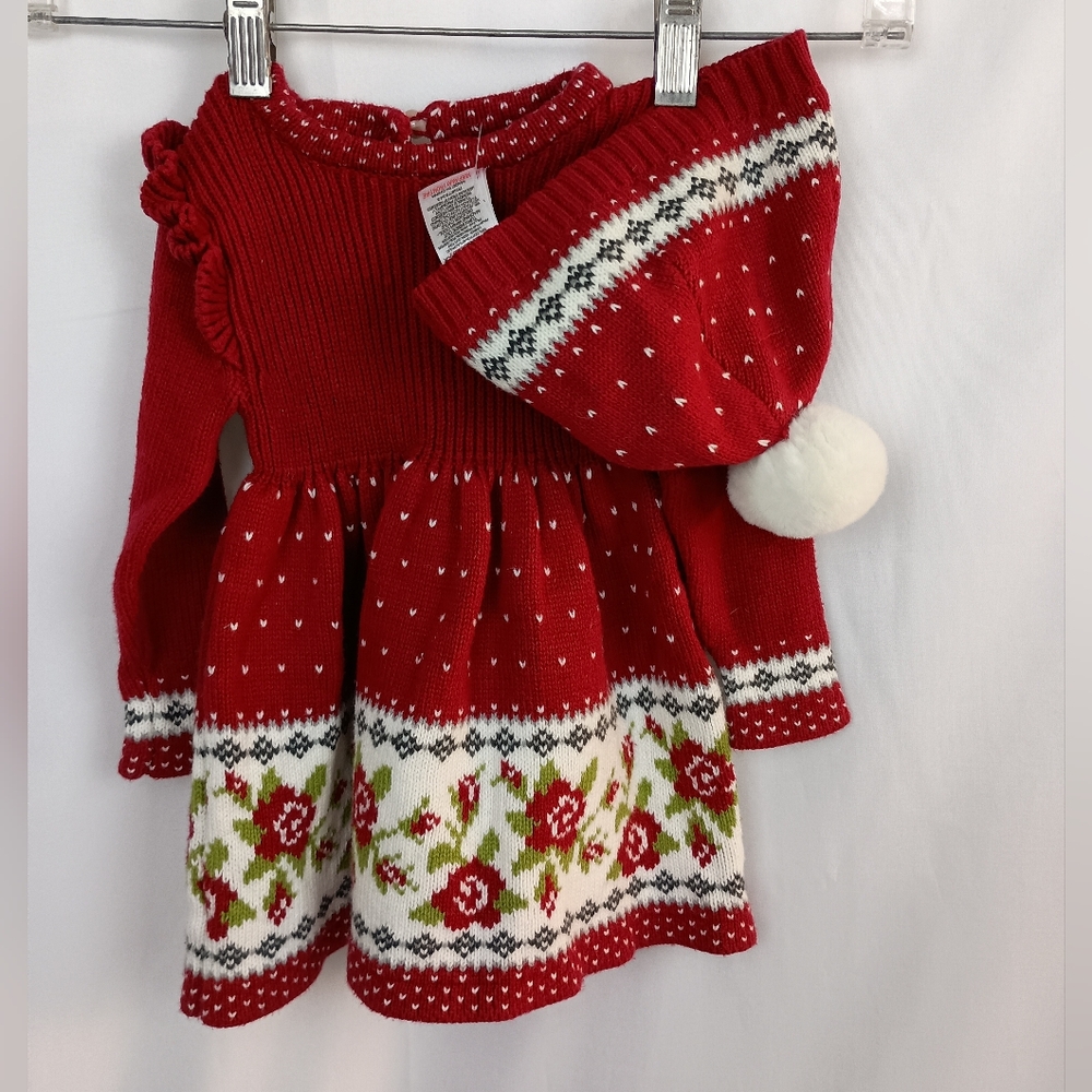 New Max Studio Baby Red Floral Heart Knit‎ Sweater Dress with Hat Set 3-6 Months